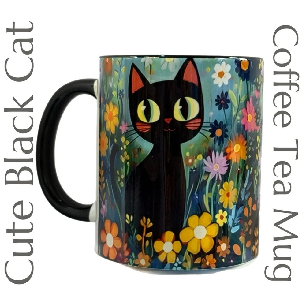 Cute Black Cat Floral Mug - Whimsical Garden Ceramic Cup - DiyTree - Fantasy Art - Picture 7 of 7